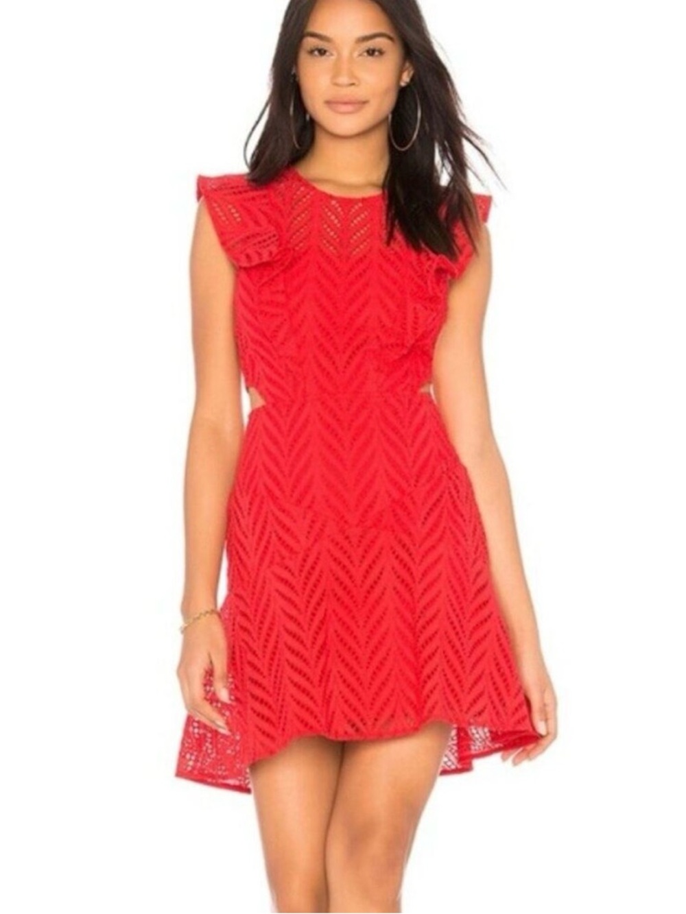 Bardot Kira Red eyelet cutout Mini Dress with Ruffle details, size 6 boho party